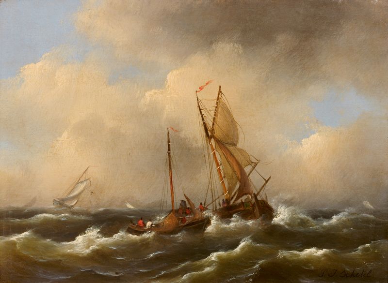 Marine scene with ships on a tumultuous sea by Petrus Johannes Schotel, oil painting