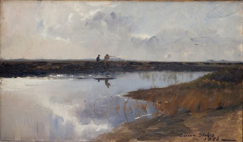 Paisaje que representa una turbera con tonos apagados de Adrian Scott Stokes, pintura al óleo.