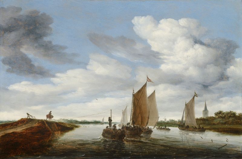 Paisagem do rio com barcos à vela e uma barcaça puxada por cavalos de Jacob Salomonsz. van Ruysdael, pintura a óleo