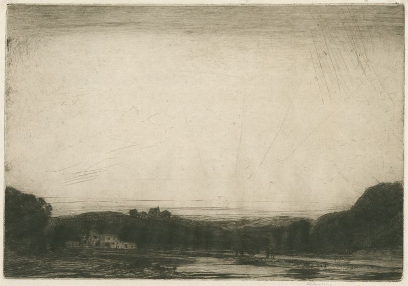 Grabado A Valley of the Ardennes de David Young Cameron que representa un valle exuberante con colinas y árboles