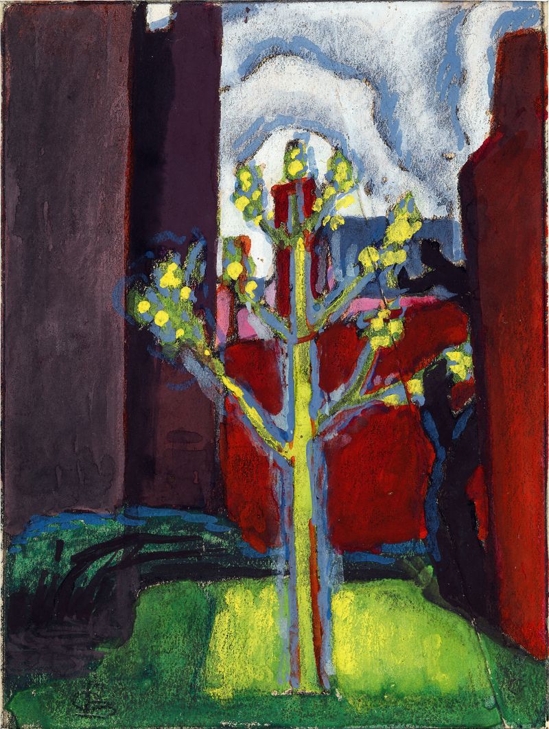 Young Tree in Red Courtyard, oil on canvas by Oscar Bluemner