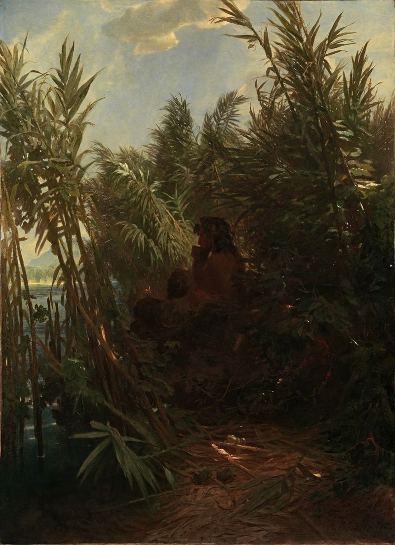 Pan en el Juncal de Arnold Böcklin, pintura al óleo que muestra a Pan entre juncos y luz solar.