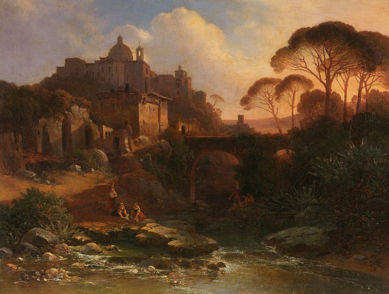 Pintura a óleo de Wilhelm August Schirmer com uma figura solitária em colinas com luz dourada