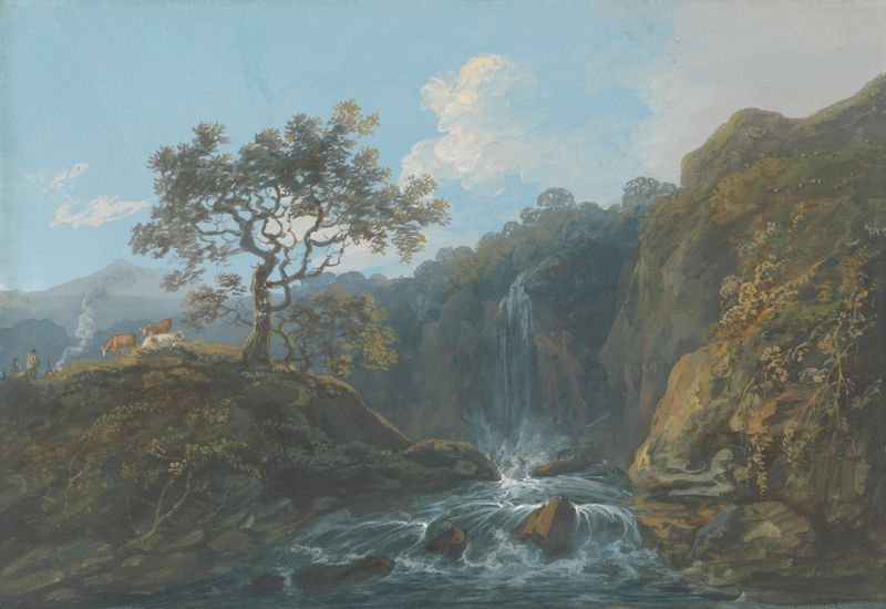 Landscape with rapids and cattle by John Laporte, oil painting