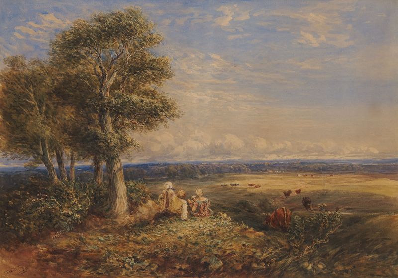 Aquarela de David Cox mostrando uma cotovia voando em uma paisagem com nuvens.