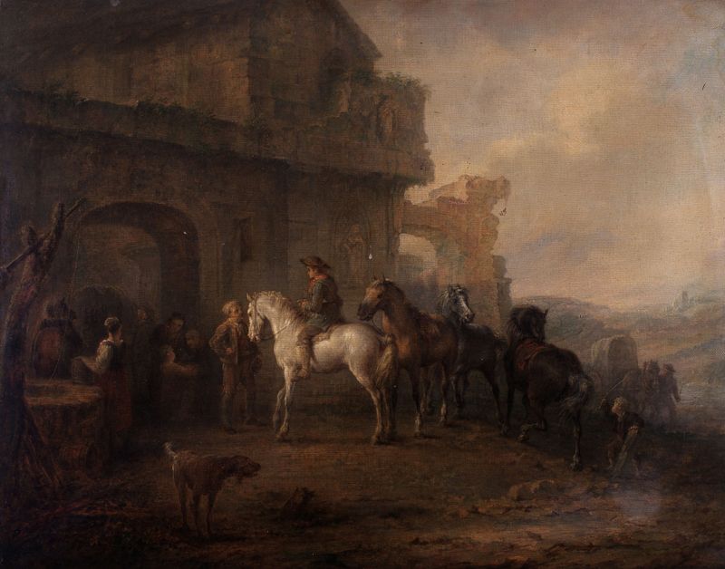 Paisaje con Caballos y una Ruina, óleo sobre lienzo de Louis Moritz