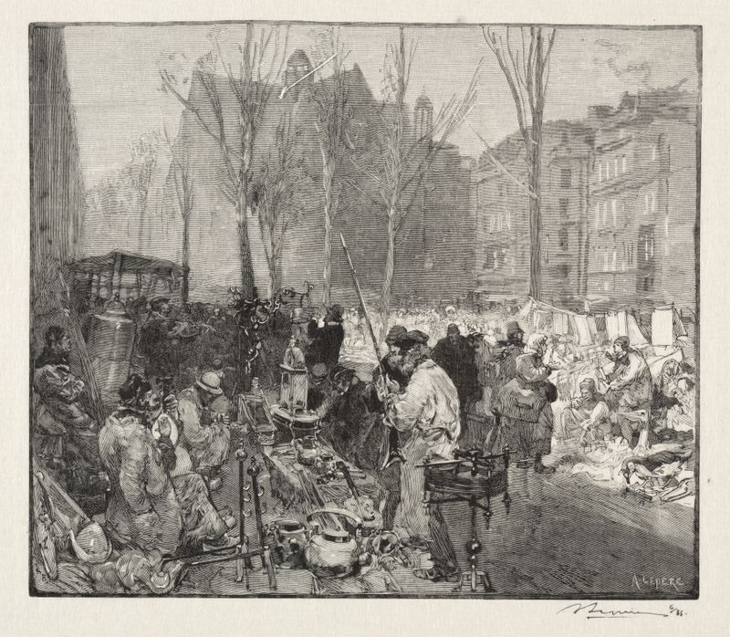 Grabado de escena de género de Auguste Louis Lepère que muestra figuras en un mercado