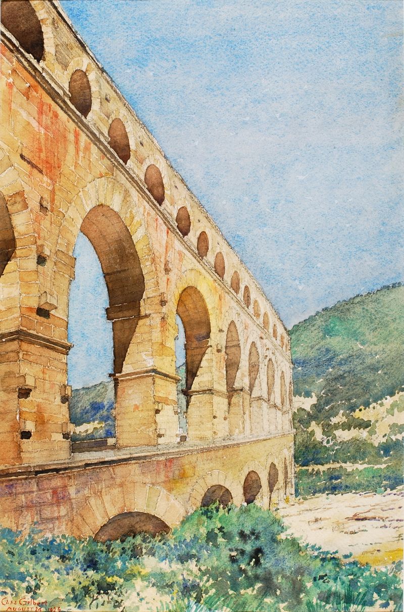 Paisaje del acueducto de Pont du Gard en 1926 por Cass Gilbert