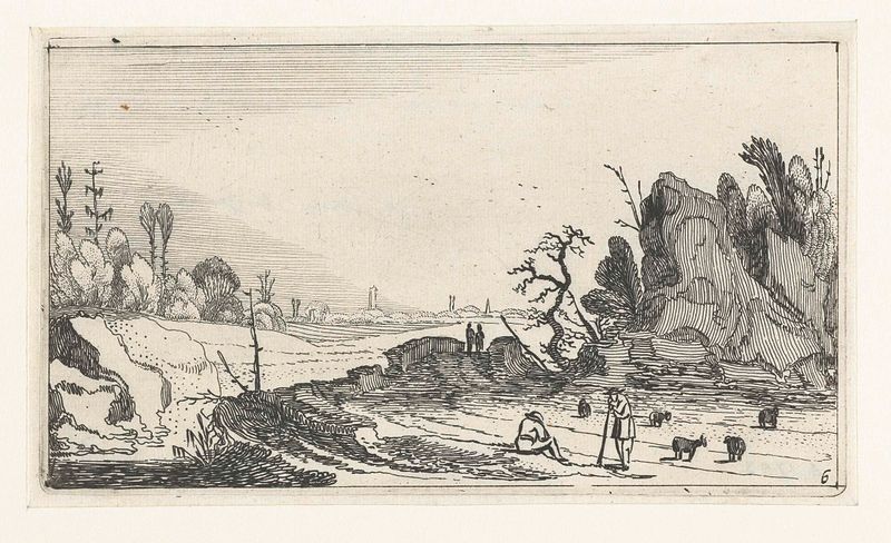 Herders met schapen bij rotsen, gravura de Unknown Artist, retratando pastores e ovelhas perto de um terreno rochoso.