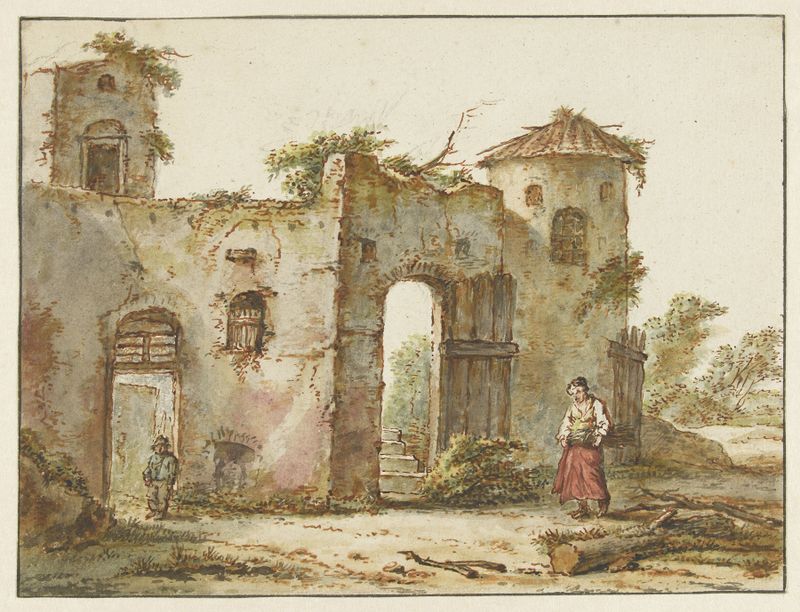Edificio en ruinas con una leñadora de Pieter Bartholomeusz. Barbiers, pintura al óleo