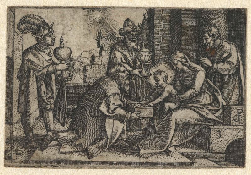 Gravura de Georg Pencz mostrando três reis apresentando presentes em ricas vestes