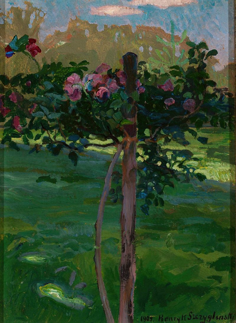 Rose shrub by Henryk Szczygliński, oil on canvas featuring vibrant pink flowers and green leaves.