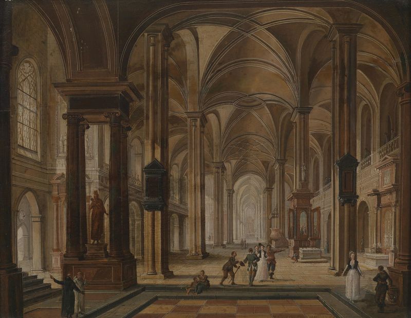 Interior scene with elegant figures in a church, oil painting by Christian Stöcklin