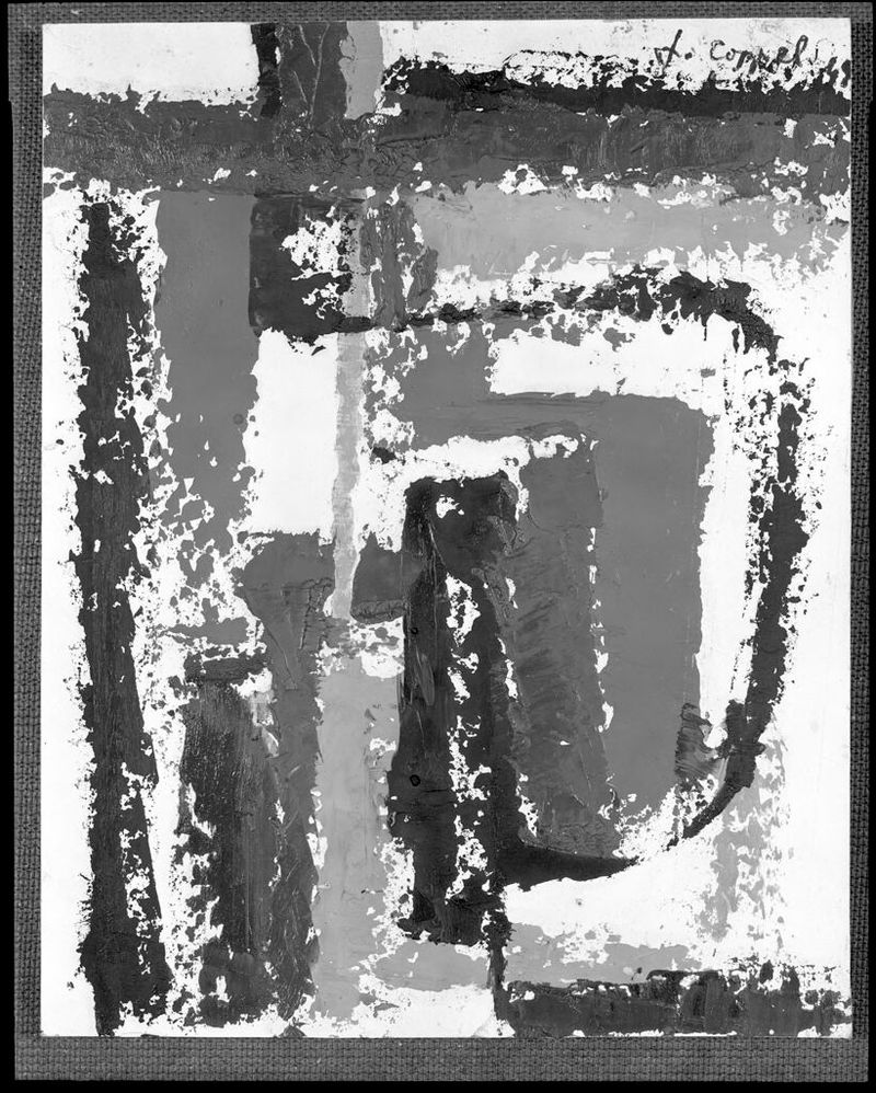 Abstraction de Jeanne Coppel, óleo sobre papelão, apresentando cores vibrantes e formas abstratas.