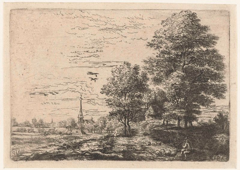 Pastoral landscape with a shepherd and sheep, etching by Philips Augustijn Immenraet