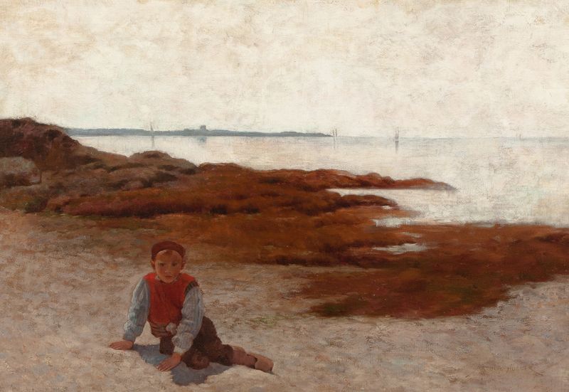 The Beach at Concarneau by Arthur Hoeber, impressionism, depicting ocean waves and coastline