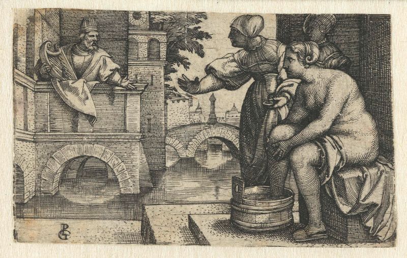 Grabado de Georg Pencz que representa a Betsabé en su baño rodeada de follaje.