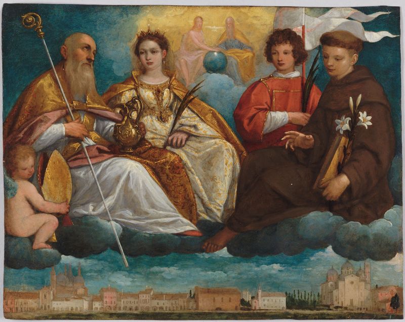 Santos Prosdocimo, Justina, Daniel e Antônio de Padua em glória, óleo sobre cobre de Pietro Damini