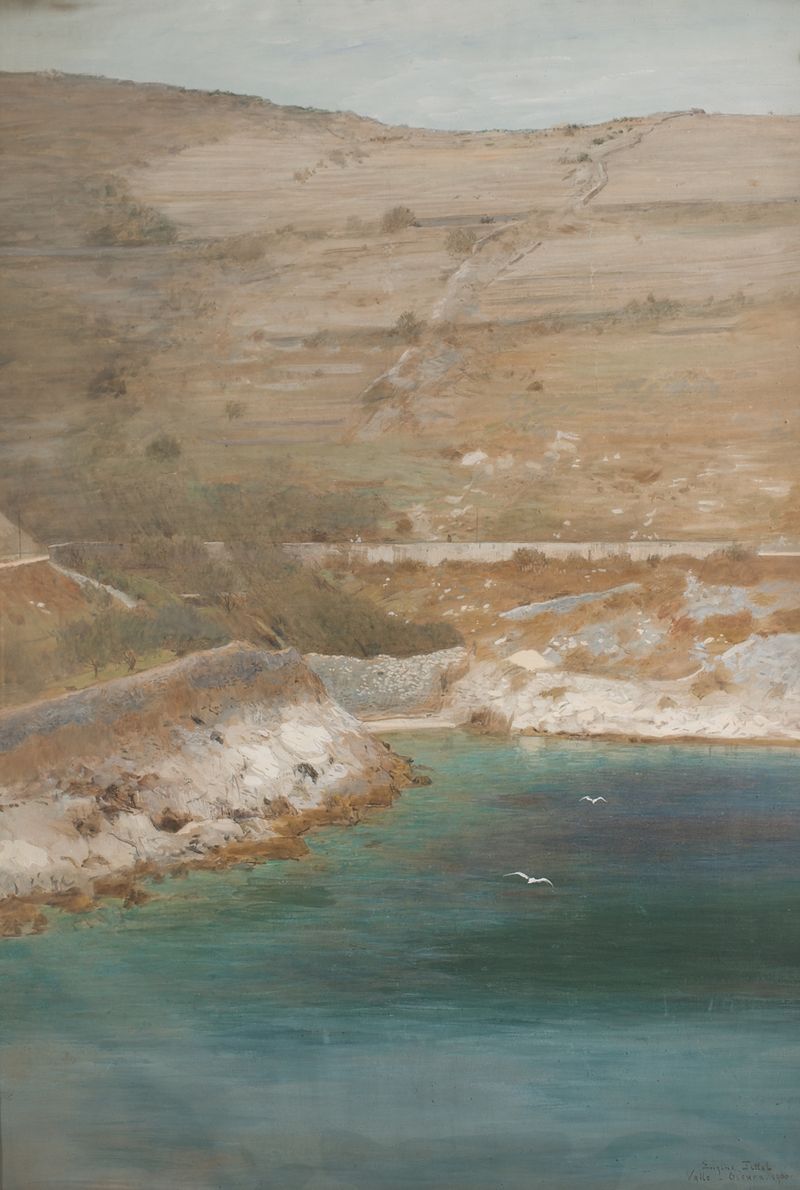 Landscape oil painting by Eugen Jettel featuring jagged cliffs and a stormy sky