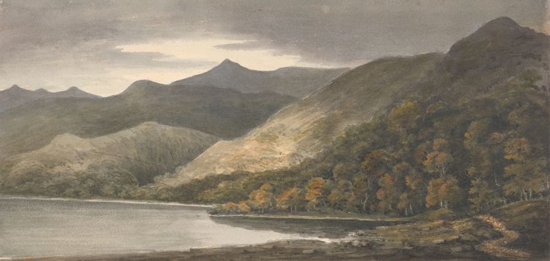 Paisagem de Killarney por Isaac Weld, retratando montanhas e névoa sobre o lago, pintura a óleo