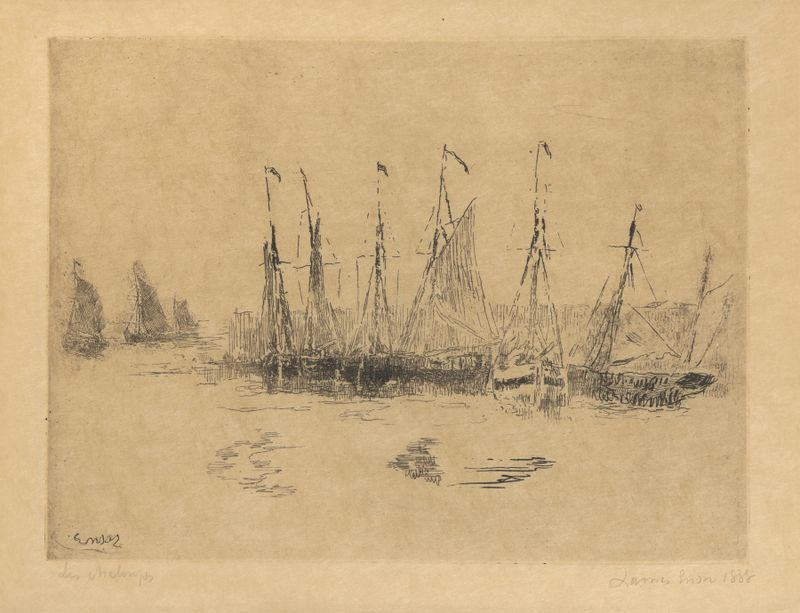 Sloepen de James Ensor, pintura al óleo que representa barcos en agua tranquila
