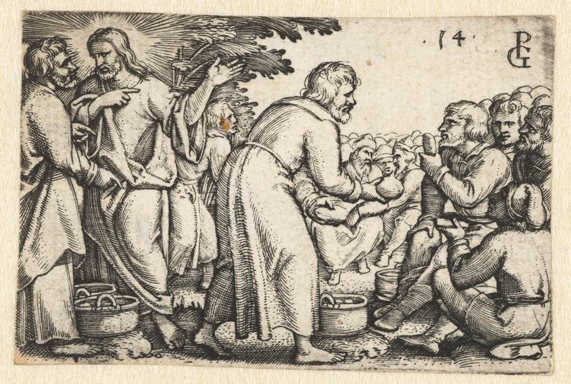 Gravura de Georg Pencz mostrando figuras reunidas em torno de uma mesa com comida.