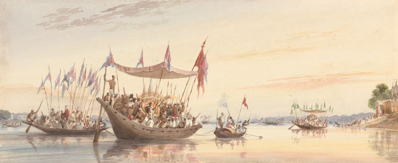 Procissão de água com devotos e a imagem de Doorga, pintura a óleo de William Prinsep