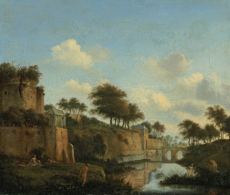 A fortified town with bathing figures, oil on canvas by Jan van der Heyden