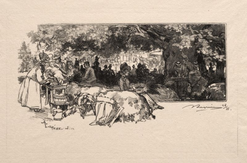 Gravura de Auguste Louis Lepère retratando um interior de restaurante movimentado com clientes e luz do sol