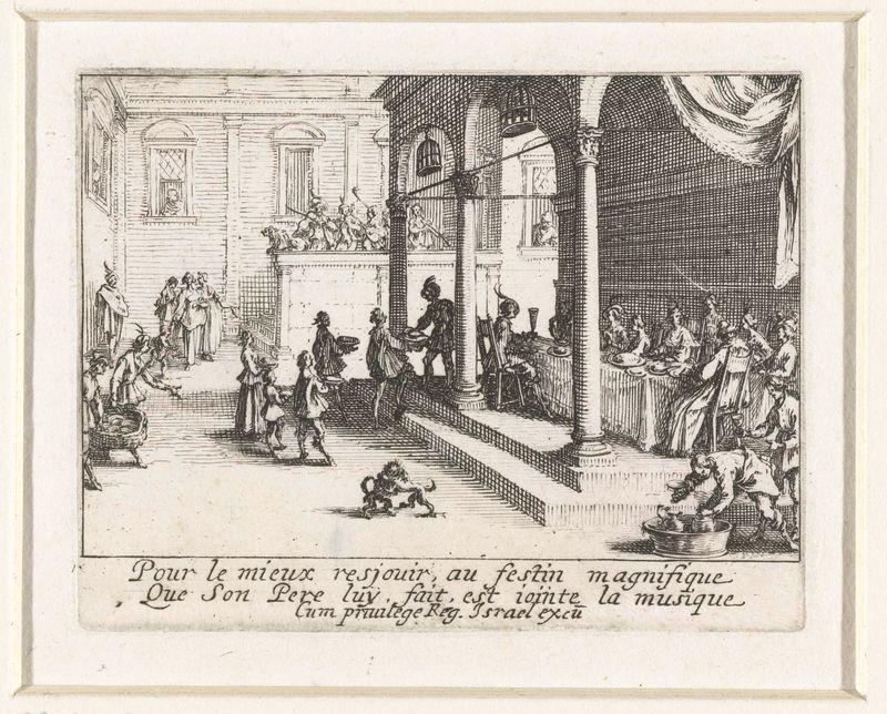 Escena de banquete con figuras celebrando, grabado de Jacques Callot