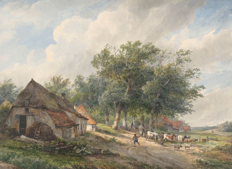 Landschap met boerderijen en vee by Wijnand Nuijen, oil on canvas depicting farms and cattle in golden fields.