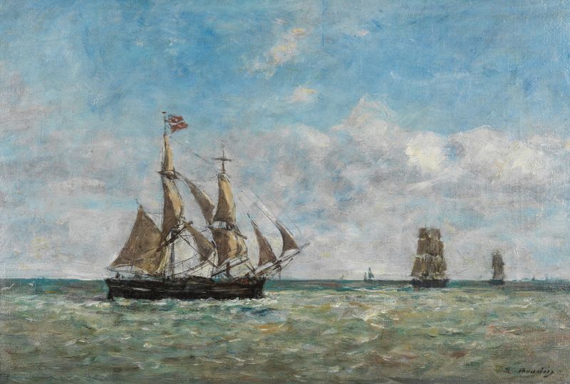 Cena marinha com barcos de pesca na água, óleo sobre tela de Eugène Boudin