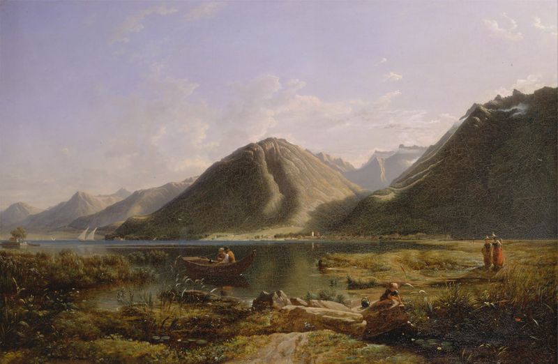Fim do Lago de Genebra, óleo sobre tela de Francis Danby, retratando um lago tranquilo ao pôr do sol com reflexos dourados