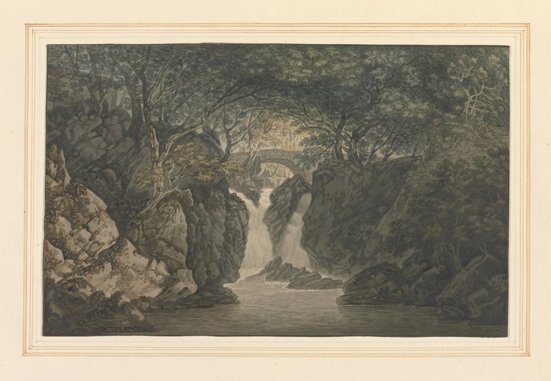 Lower Waterfall Rydal by Joseph Farington, oil painting of a serene waterfall landscape.