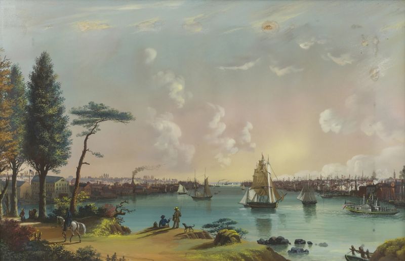 Óleo sobre tela de Nicolino Calyo representando o East River e Blackwell's Island.