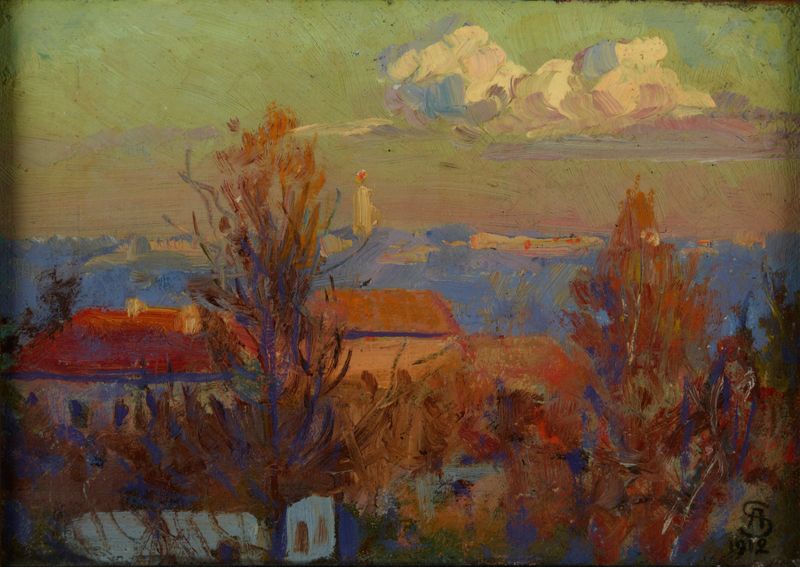 Landscape by Ambroży Sabatowski, oil on canvas depicting rolling hills and a pastel sky