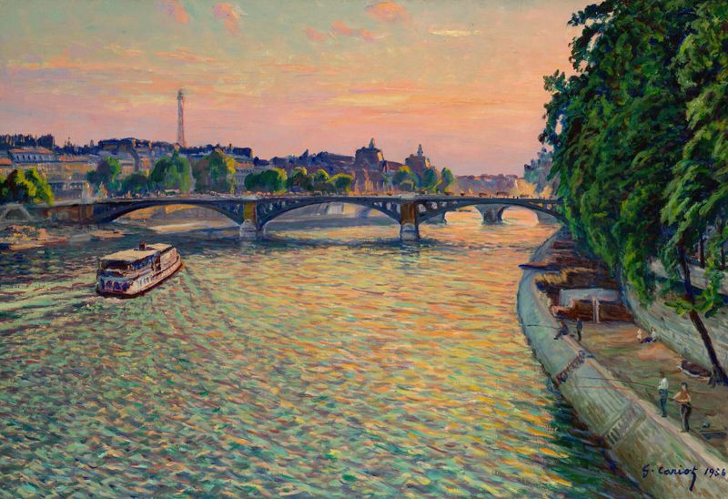 Vue de Paris de Gustave Cariot, pintura al óleo que muestra un vibrante paisaje urbano con árboles.