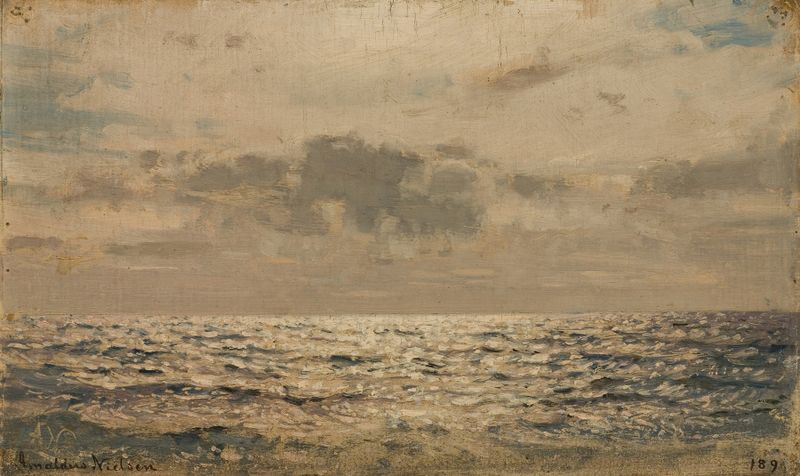 Mellom byger de Amaldus Nielsen, paisaje impresionista con nubes tormentosas
