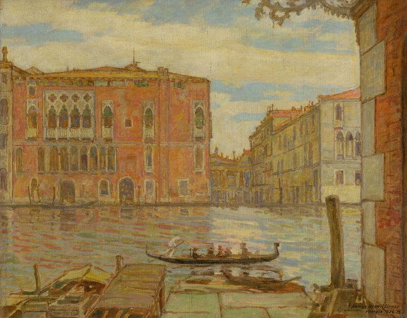 Venice landscape by Elemír Halász-Hradil, oil on canvas, featuring water reflections and architecture.