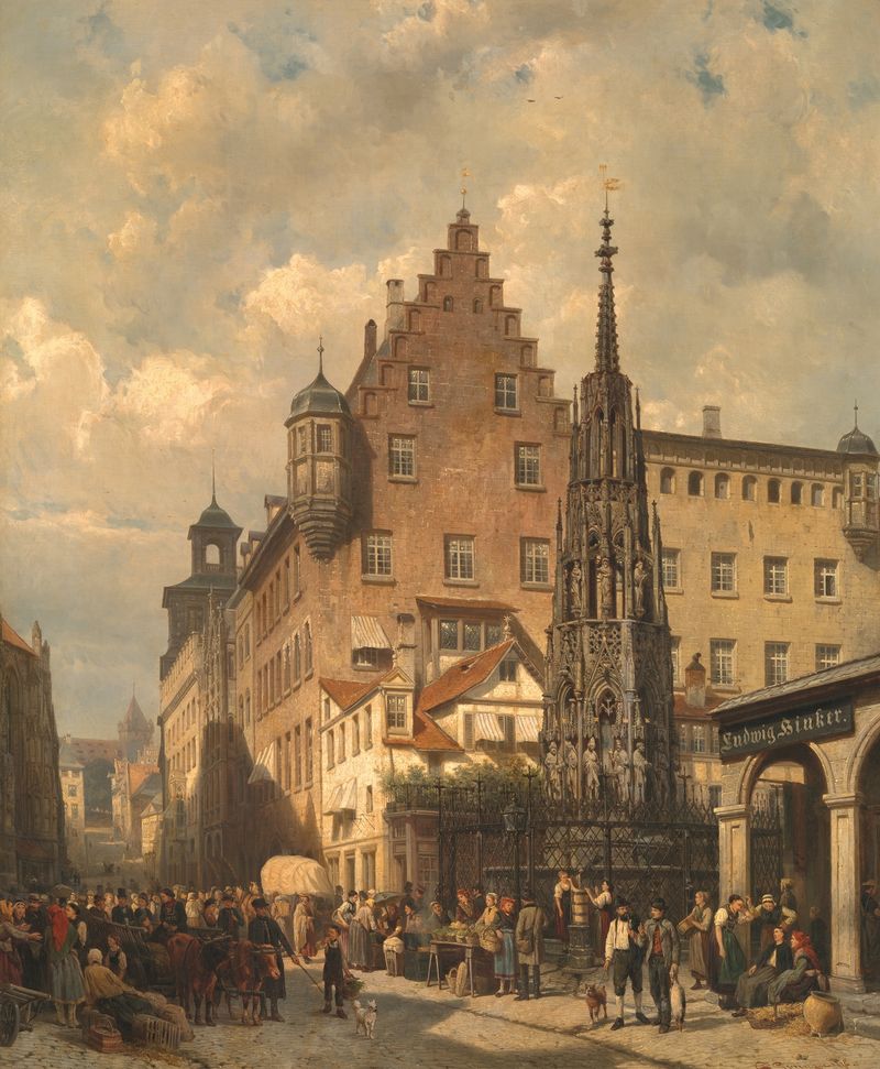 Pintura a óleo de Cornelis Springer retratando uma fonte em Nuremberg