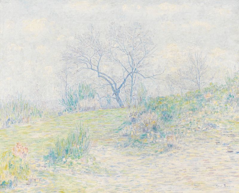Bäume im Frühling de Paul Baum, óleo sobre tela retratando árvores na primavera com folhas frescas.