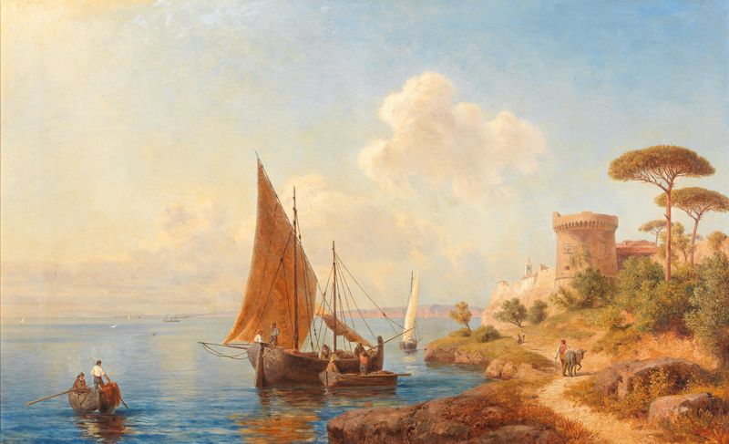 Fischer An Der Dalmatinischen Küste, óleo sobre tela de Gottfried Seelos, retratando um pescador à beira-mar.