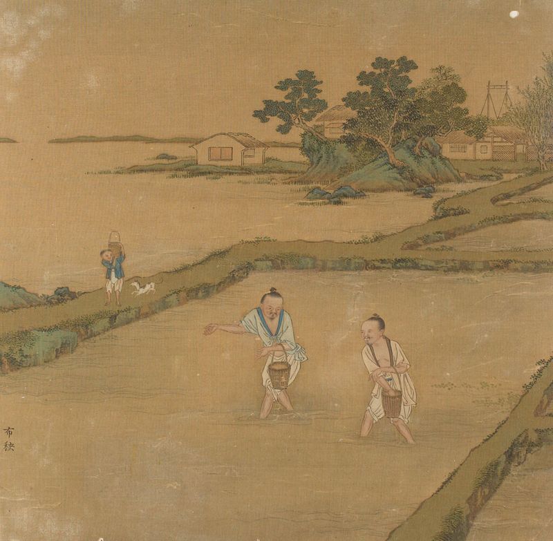 Cena de gênero que retrata a cultura do arroz e da seda de Qiu Ying, meio de seda