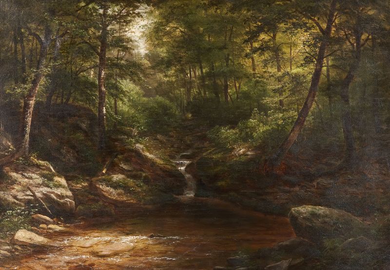 Waterfall in the Forest by George Hetzel, oil painting depicting a serene landscape with cascading water.