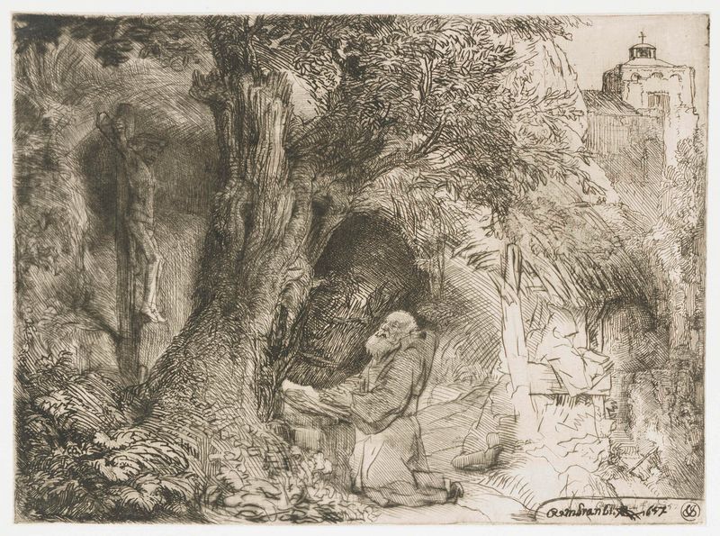 San Francisco orando bajo un árbol, grabado de Rembrandt van Rijn