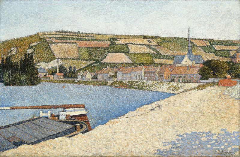 Les Andelys, Côte d’Aval de Paul Signac, óleo sobre lienzo que representa acantilados y el Sena.