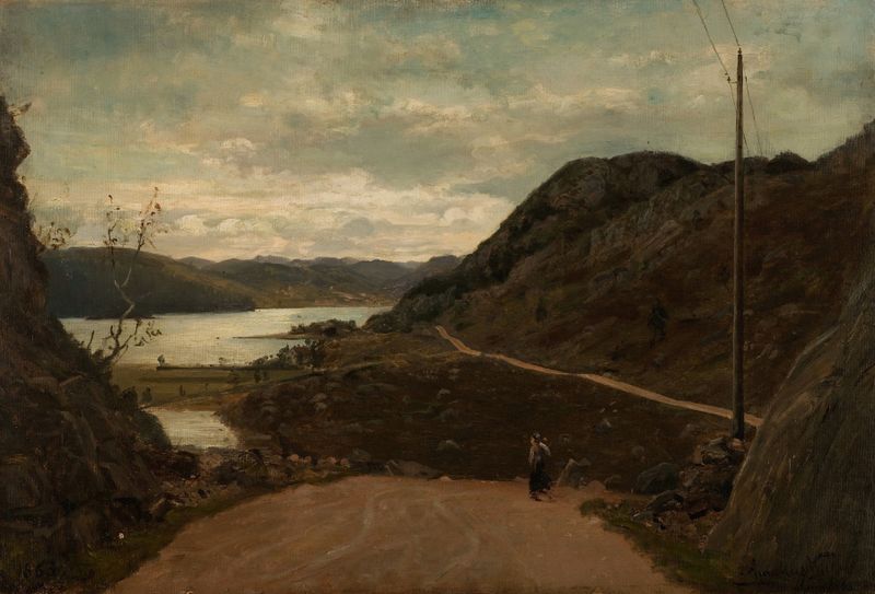 Ulvegjelsbakken, Mandal de Amaldus Nielsen, pintura a óleo que retrata uma paisagem com uma árvore e céu.
