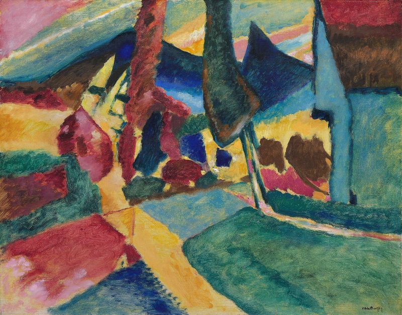 Paisaje con Dos Álamos de Wassily Kandinsky, pintura al óleo con álamos altos y colores vibrantes.