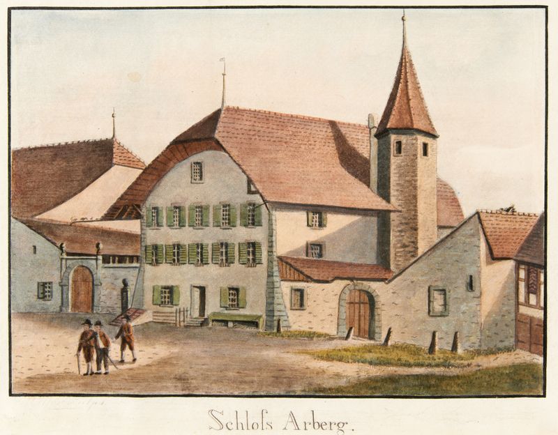 Schloss Arberg de Jakob Samuel Weibel, pintura al óleo que muestra un castillo en un paisaje sereno.