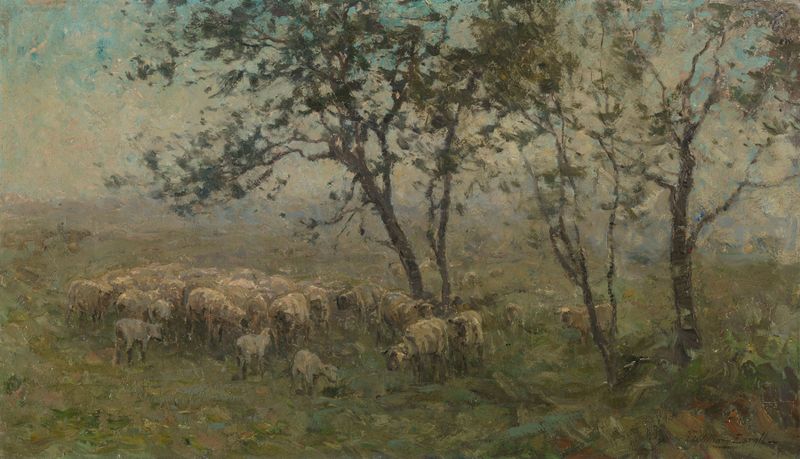 Un rebaño de ovejas en un paisaje pastoral, pintura al óleo de William Charles Estall